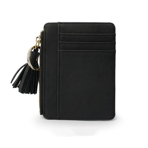 Realaiot 1 Pc Mini Tassel Card Holder Matt Leather Women Business Card Case Zipper ID Card Holder Coin Purse Keychain Wallet