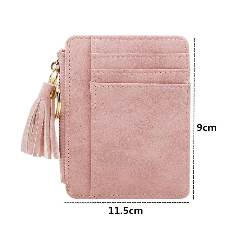 Realaiot 1 Pc Mini Tassel Card Holder Matt Leather Women Business Card Case Zipper ID Card Holder Coin Purse Keychain Wallet
