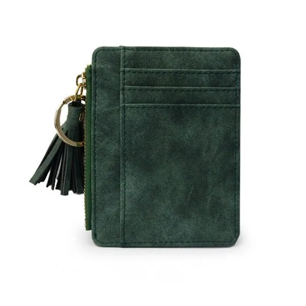 Realaiot 1 Pc Mini Tassel Card Holder Matt Leather Women Business Card Case Zipper ID Card Holder Coin Purse Keychain Wallet