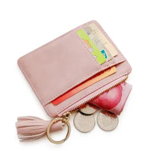 Realaiot 1 Pc Mini Tassel Card Holder Matt Leather Women Business Card Case Zipper ID Card Holder Coin Purse Keychain Wallet