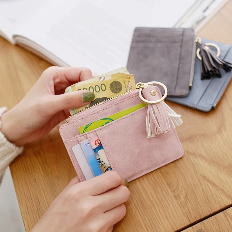Realaiot 1 Pc Mini Tassel Card Holder Matt Leather Women Business Card Case Zipper ID Card Holder Coin Purse Keychain Wallet