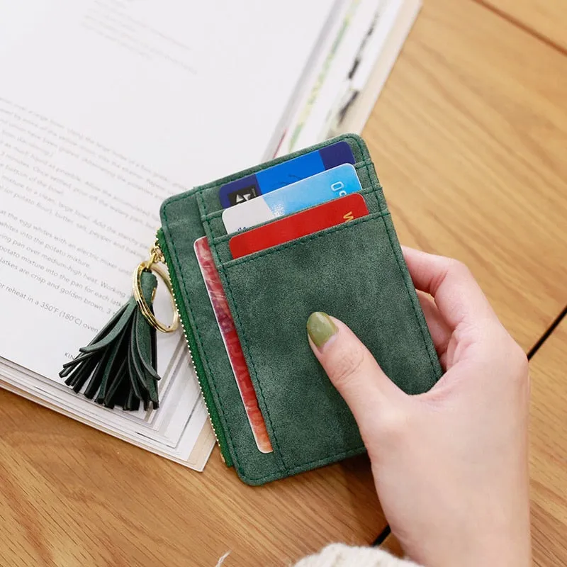 Realaiot 1 Pc Mini Tassel Card Holder Matt Leather Women Business Card Case Zipper ID Card Holder Coin Purse Keychain Wallet