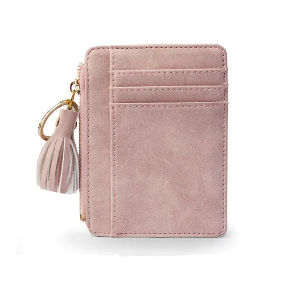 Realaiot 1 Pc Mini Tassel Card Holder Matt Leather Women Business Card Case Zipper ID Card Holder Coin Purse Keychain Wallet