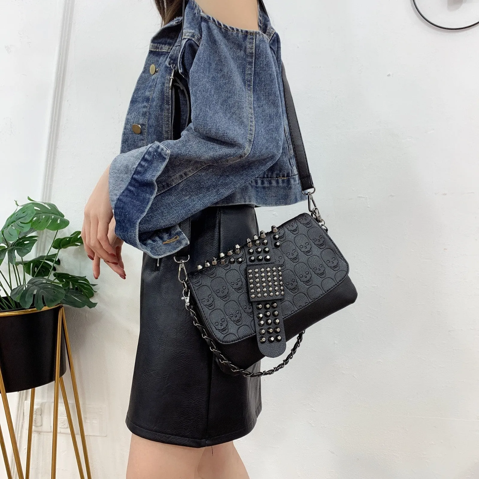 Ro Rox Ophelia Studded Faux Leather Crossbody Bag, Black, Skull