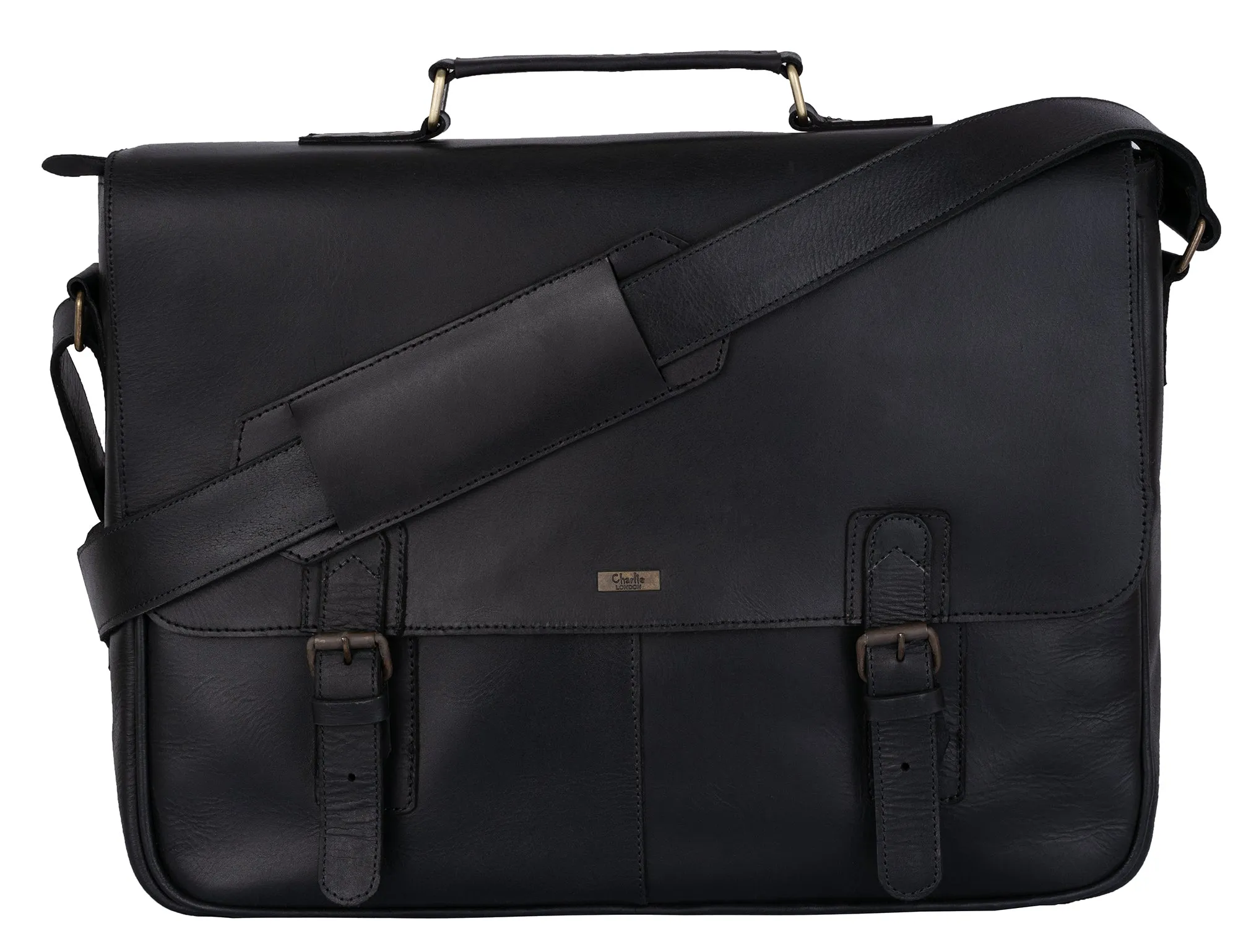 Rustic Style Black Leather Laptop Messenger Bag for Men & Women