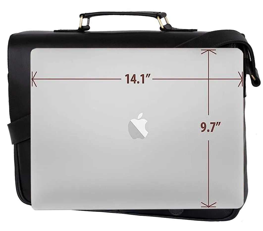 Rustic Style Black Leather Laptop Messenger Bag for Men & Women