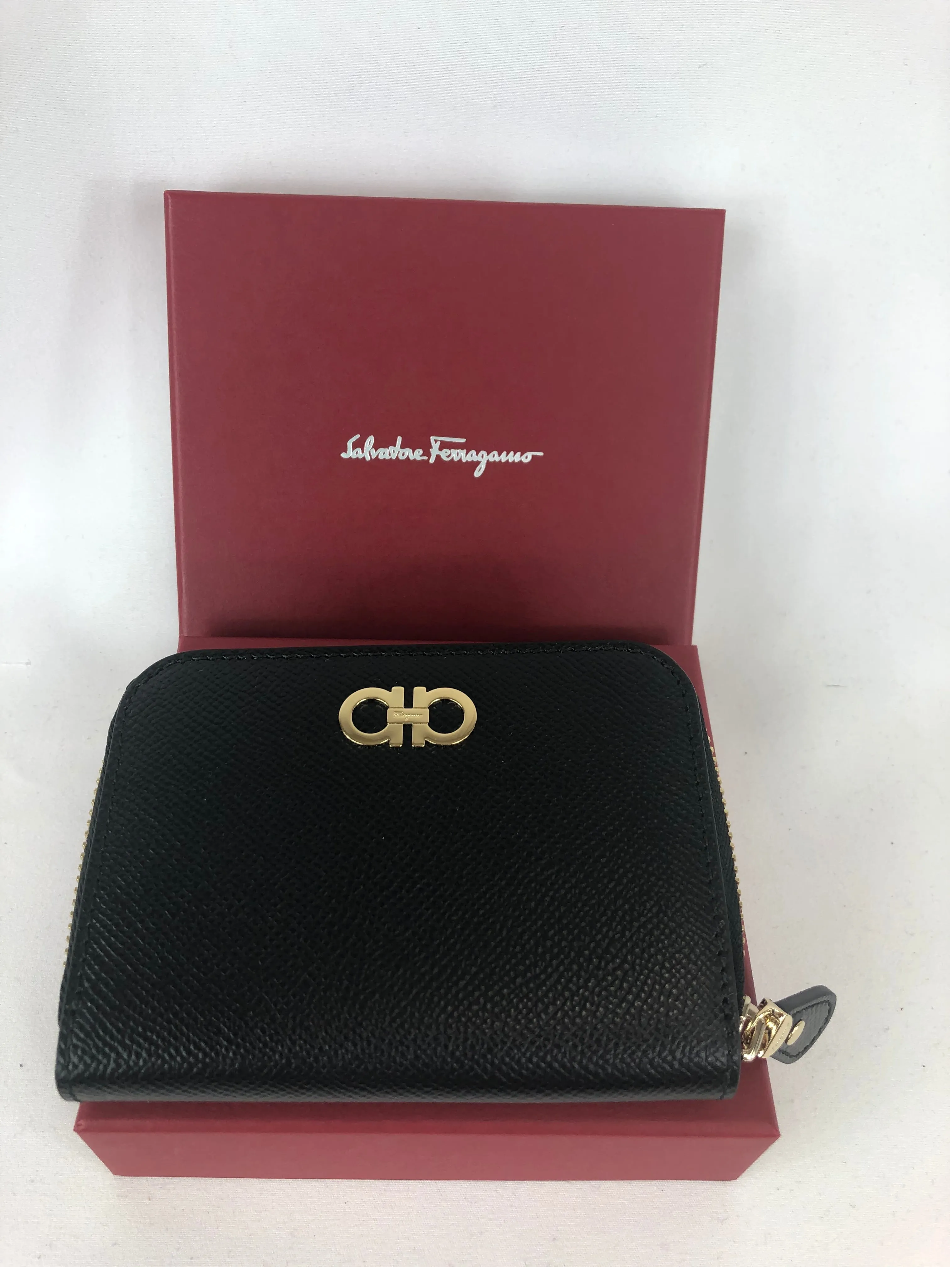 Salvatore Ferragamo Cross Grain Zip Around Wallet in Black