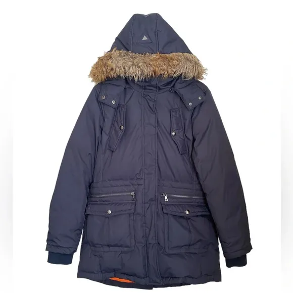 Sam Edelman Navy Faux Fur Trimmed Parka Stand Up Collar Puffer Coat Women’s L