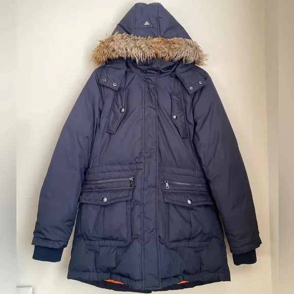 Sam Edelman Navy Faux Fur Trimmed Parka Stand Up Collar Puffer Coat Women’s L