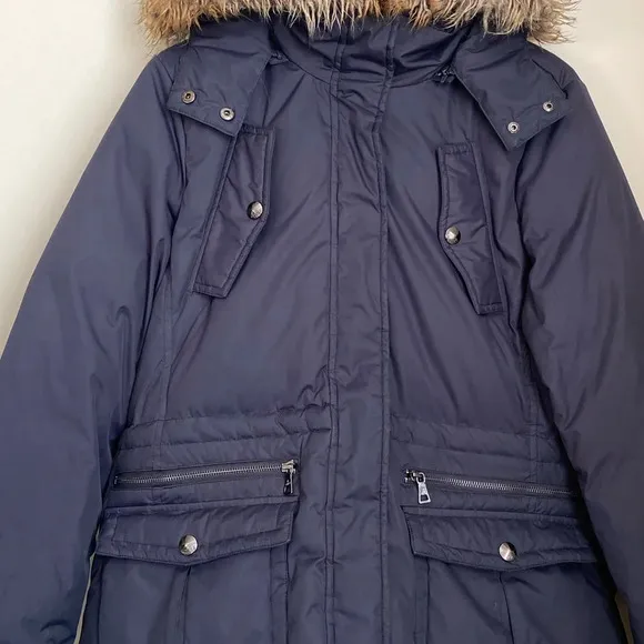 Sam Edelman Navy Faux Fur Trimmed Parka Stand Up Collar Puffer Coat Women’s L