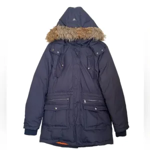 Sam Edelman Navy Faux Fur Trimmed Parka Stand Up Collar Puffer Coat Women’s L