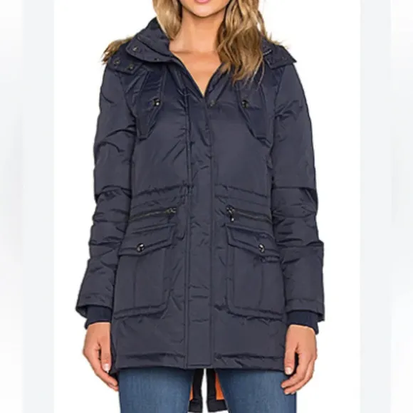 Sam Edelman Navy Faux Fur Trimmed Parka Stand Up Collar Puffer Coat Women’s L