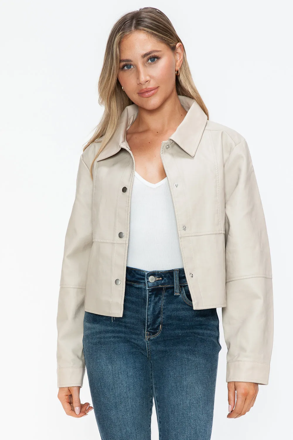 Sand Color Snap Down Long Sleeve PU Leather Jacket