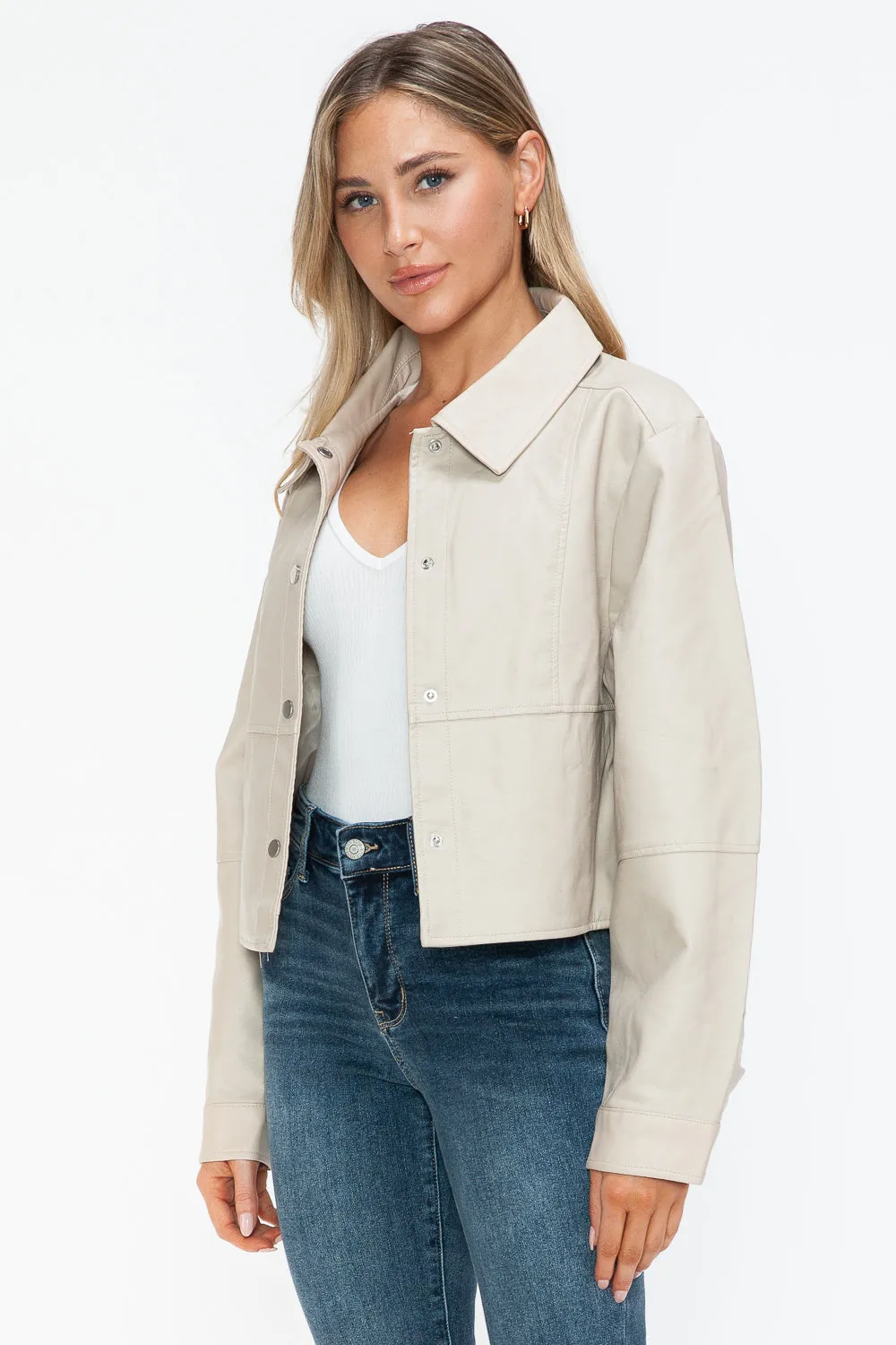 Sand Color Snap Down Long Sleeve PU Leather Jacket