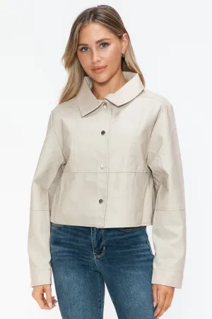 Sand Color Snap Down Long Sleeve PU Leather Jacket