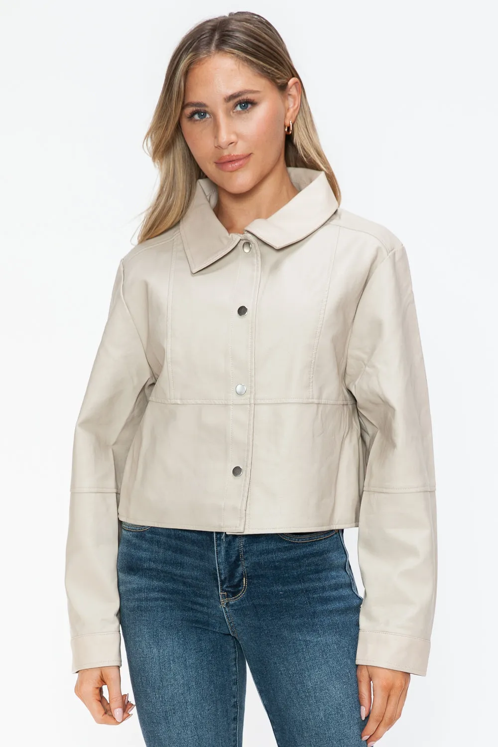 Sand Color Snap Down Long Sleeve PU Leather Jacket