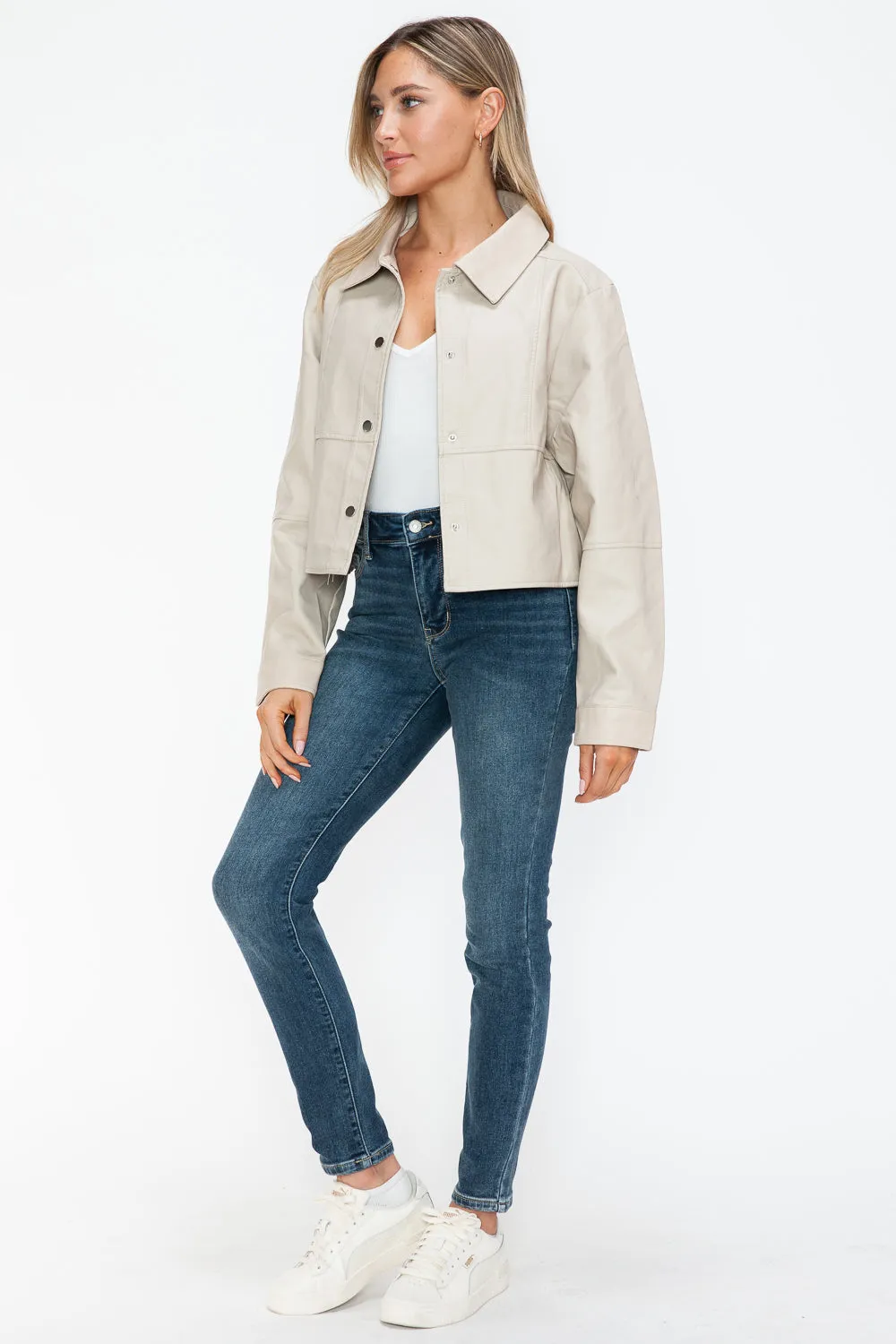 Sand Color Snap Down Long Sleeve PU Leather Jacket