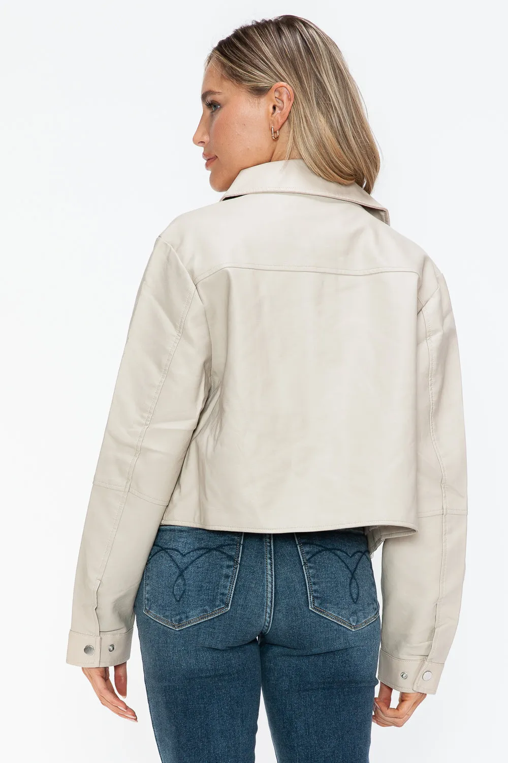 Sand Color Snap Down Long Sleeve PU Leather Jacket
