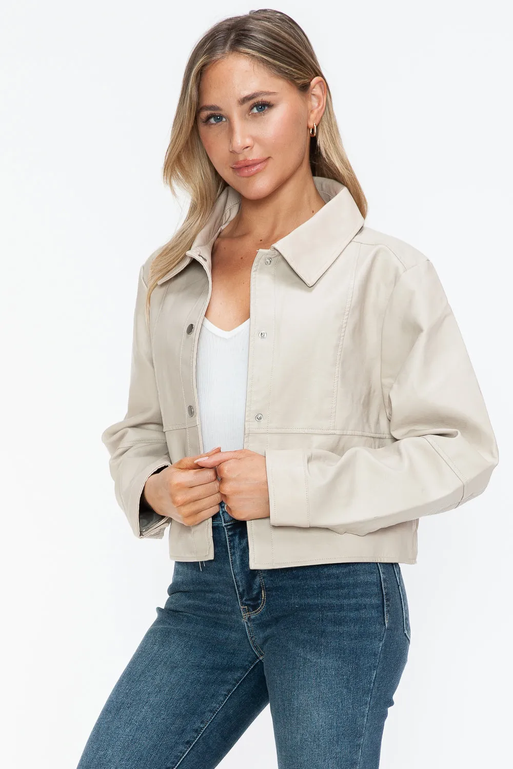 Sand Color Snap Down Long Sleeve PU Leather Jacket