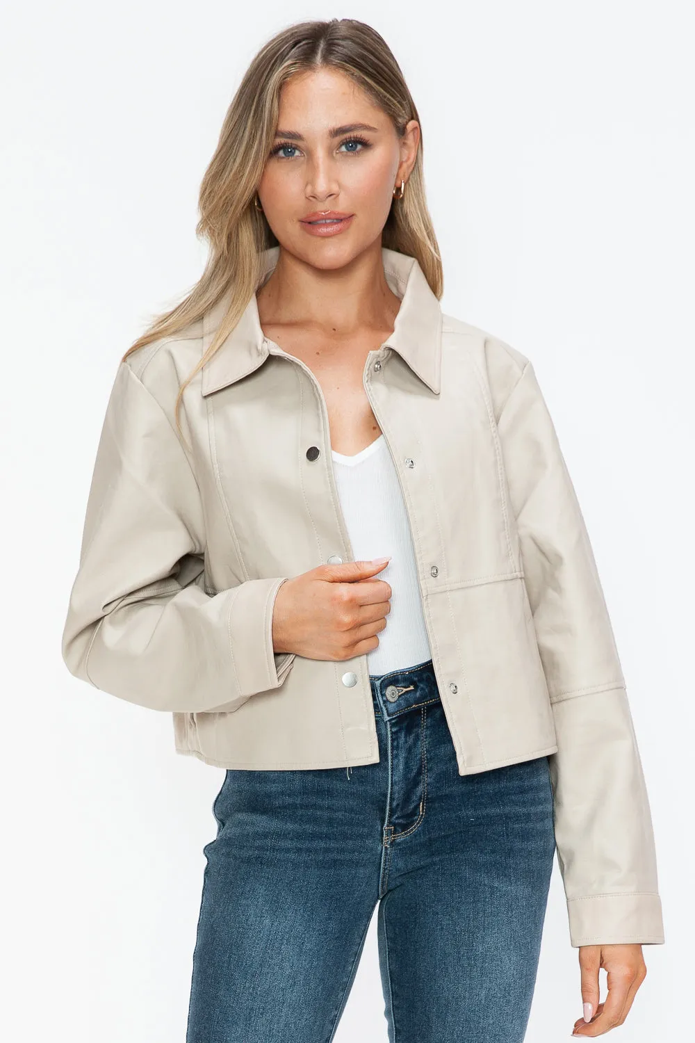 Sand Color Snap Down Long Sleeve PU Leather Jacket
