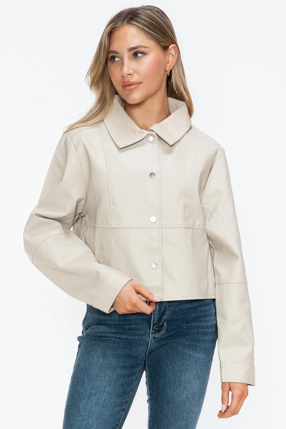 Sand Color Snap Down Long Sleeve PU Leather Jacket