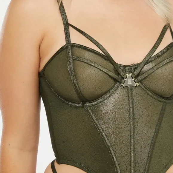 SAVAGE X FENTY GOING PLATINUM MESH BUSTIER DEEP FOREST GREEN SIZE M