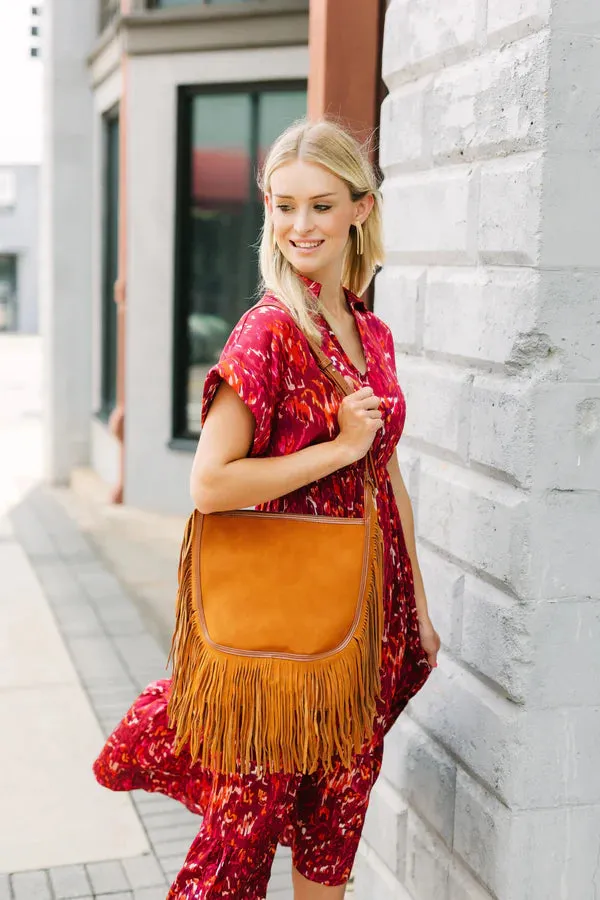 SAWYER LEATHER BAG WITH FRINGE-CAMEL