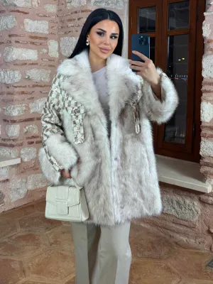 Sequin Embellished Faux Fur Coat - Beige