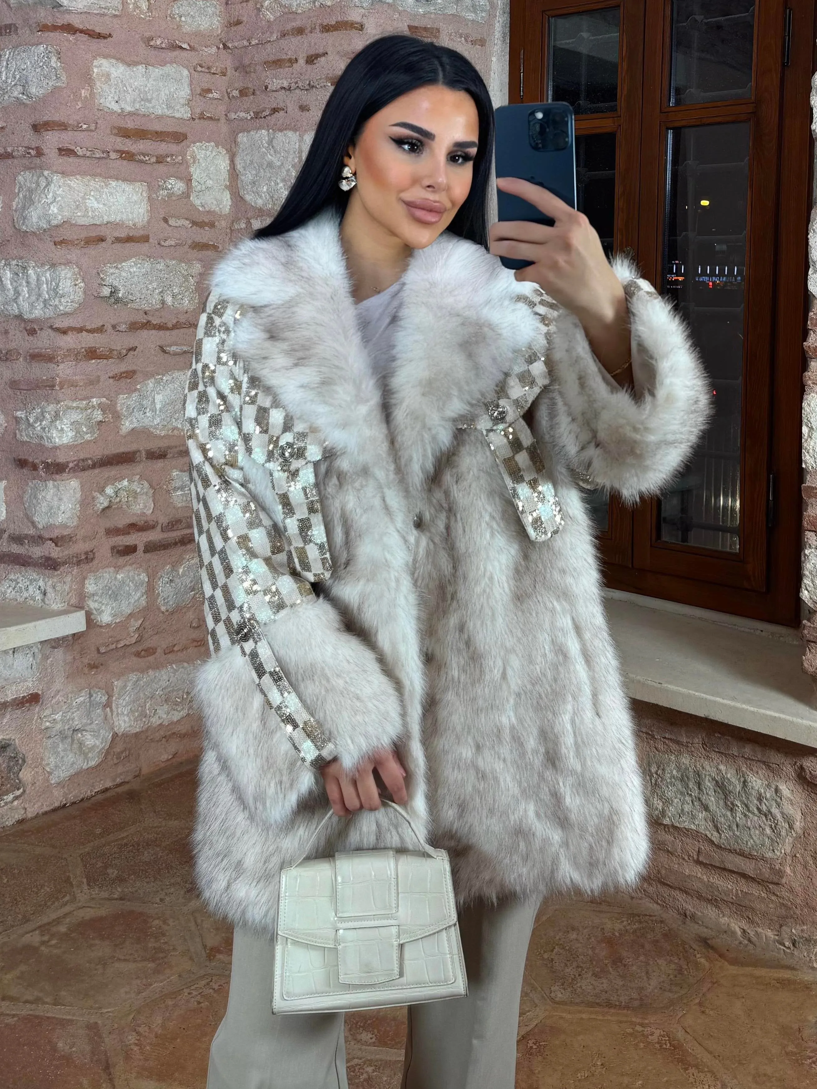 Sequin Embellished Faux Fur Coat - Beige
