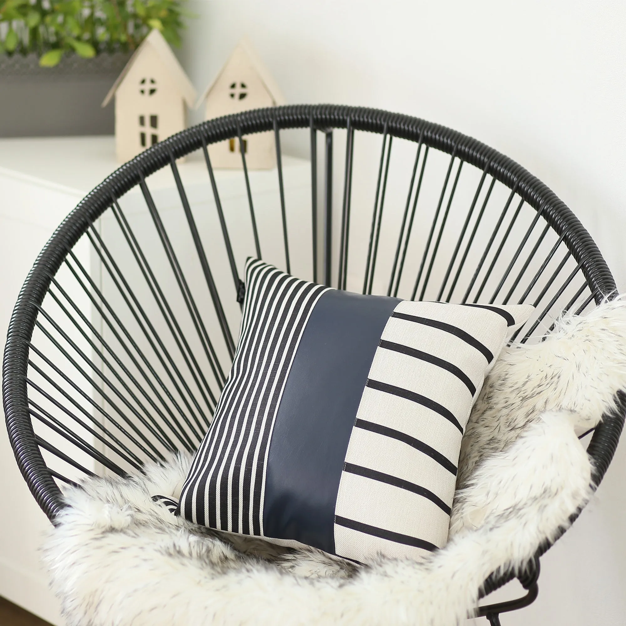 Set of 2 Monochromic Stripe Ends and Spruce Blue Faux Leather Lumbar Pillow Covers