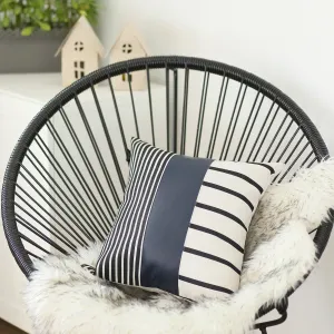 Set of 2 Monochromic Stripe Ends and Spruce Blue Faux Leather Lumbar Pillow Covers