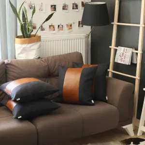 Set of 4 Black and Brown Faux Leather Pillow Covers