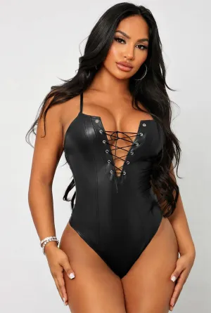 Sexy Lace UP PU Bodysuit Teddy