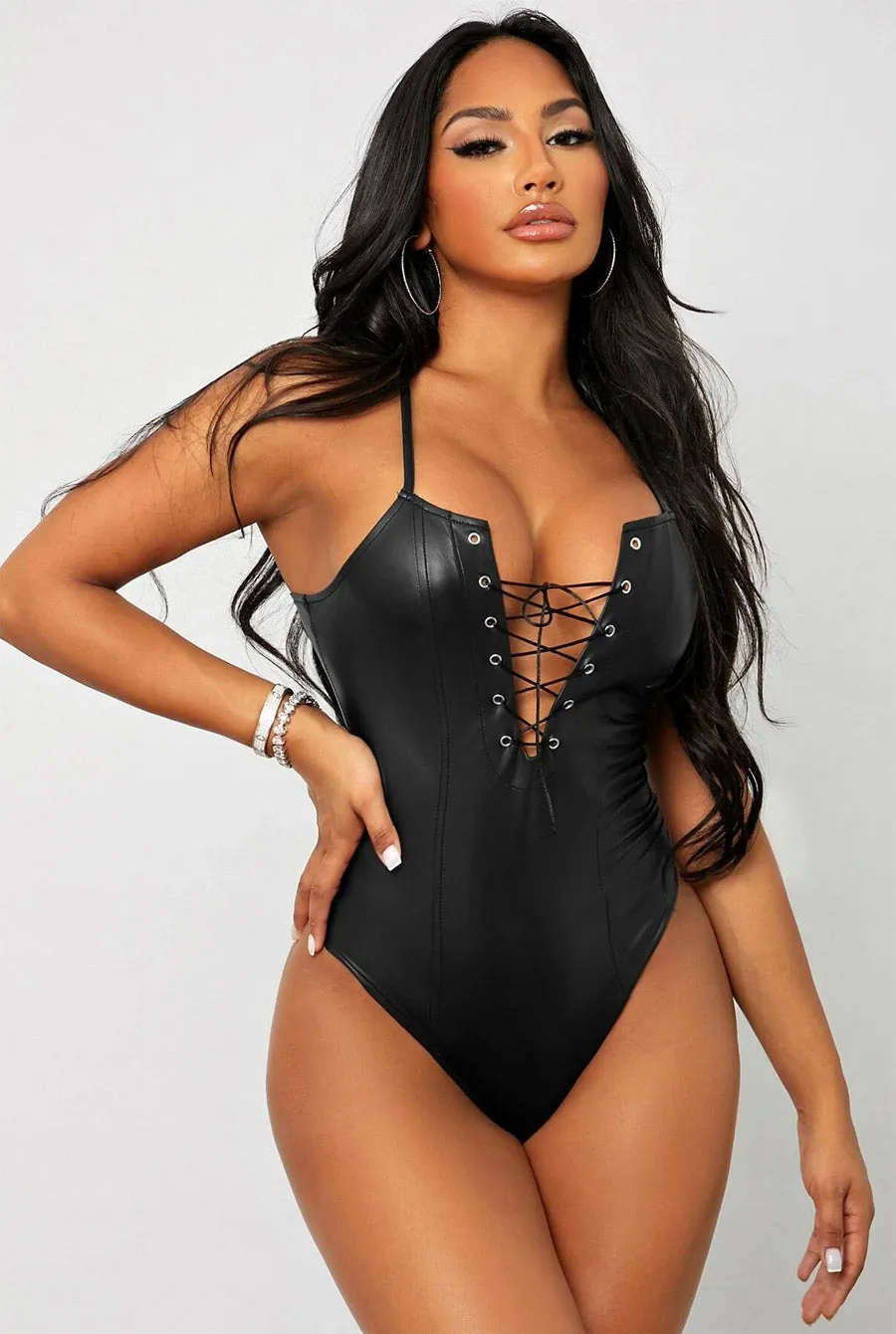 Sexy Lace UP PU Bodysuit Teddy