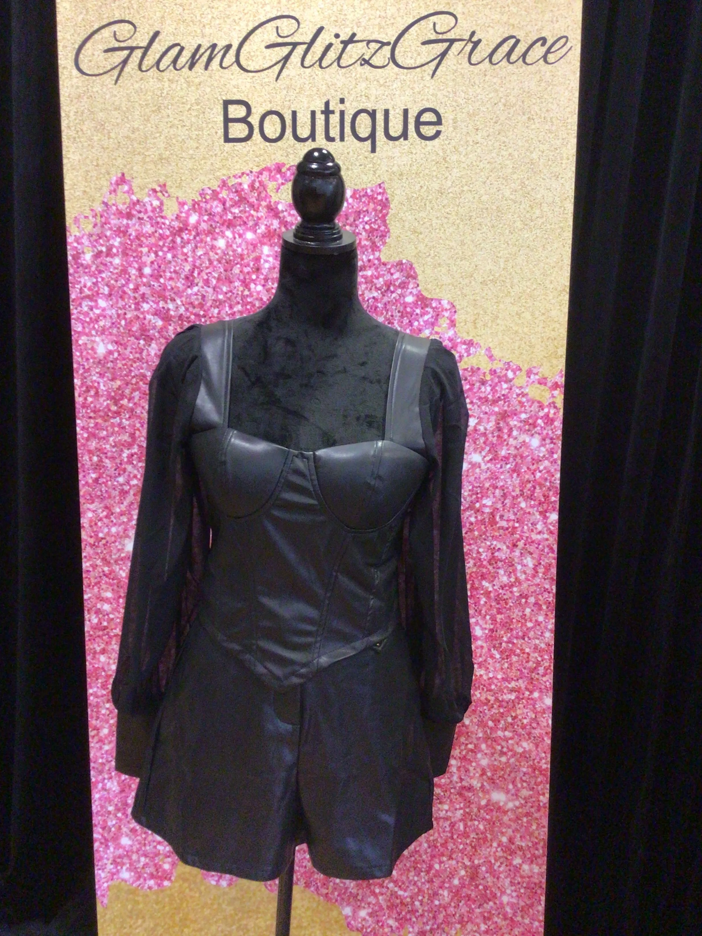 Sheer Long Sleeves Faux Leather Bustier