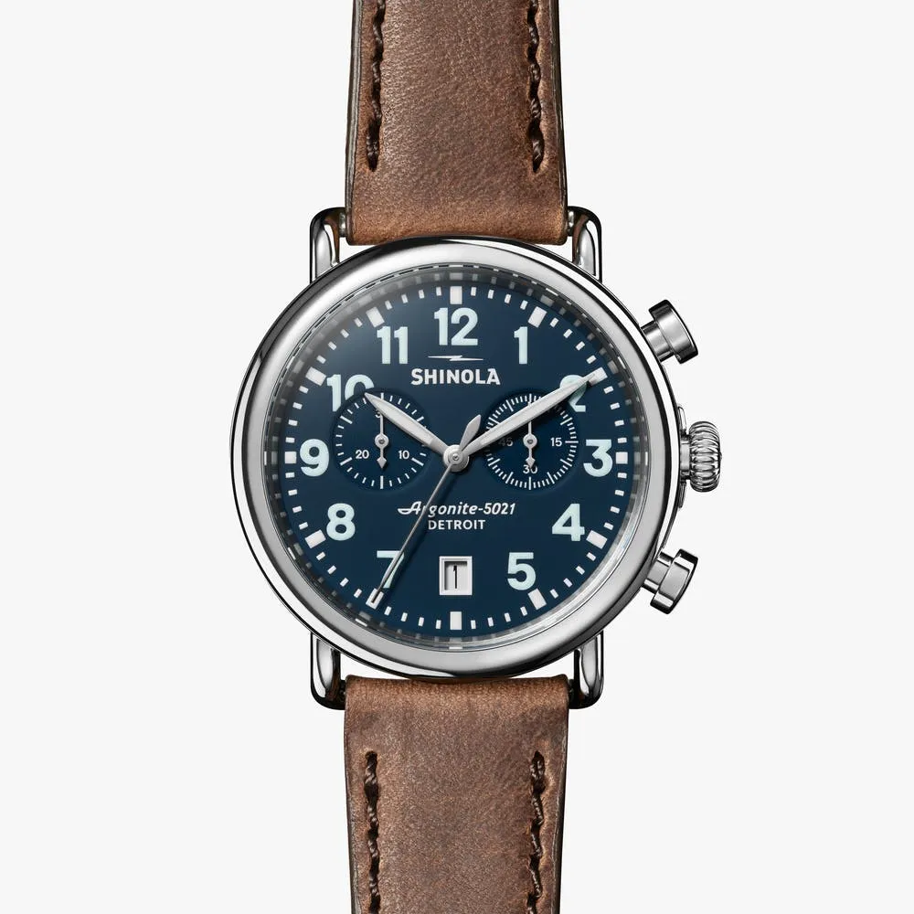 Shinola Runwell 41MM, Midnight Blue 2 Eye Chronograph, British Tan Leather Strap