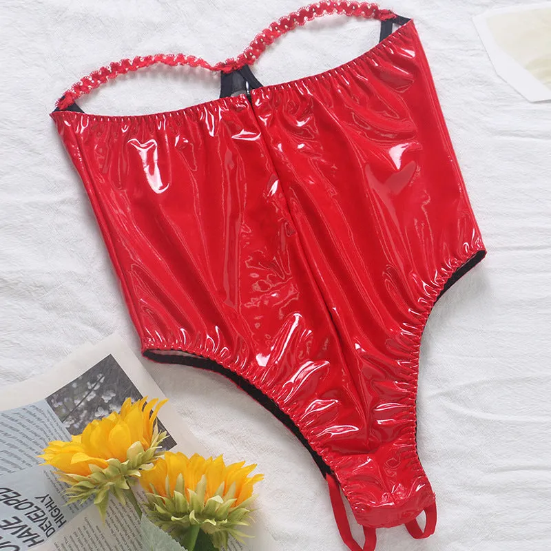 Shiny Strapless Faux Leather Lingerie Bodysuit