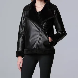 Simply Vera Vera Wang Women's Black Faux Leather Shearling Jacket large NWT