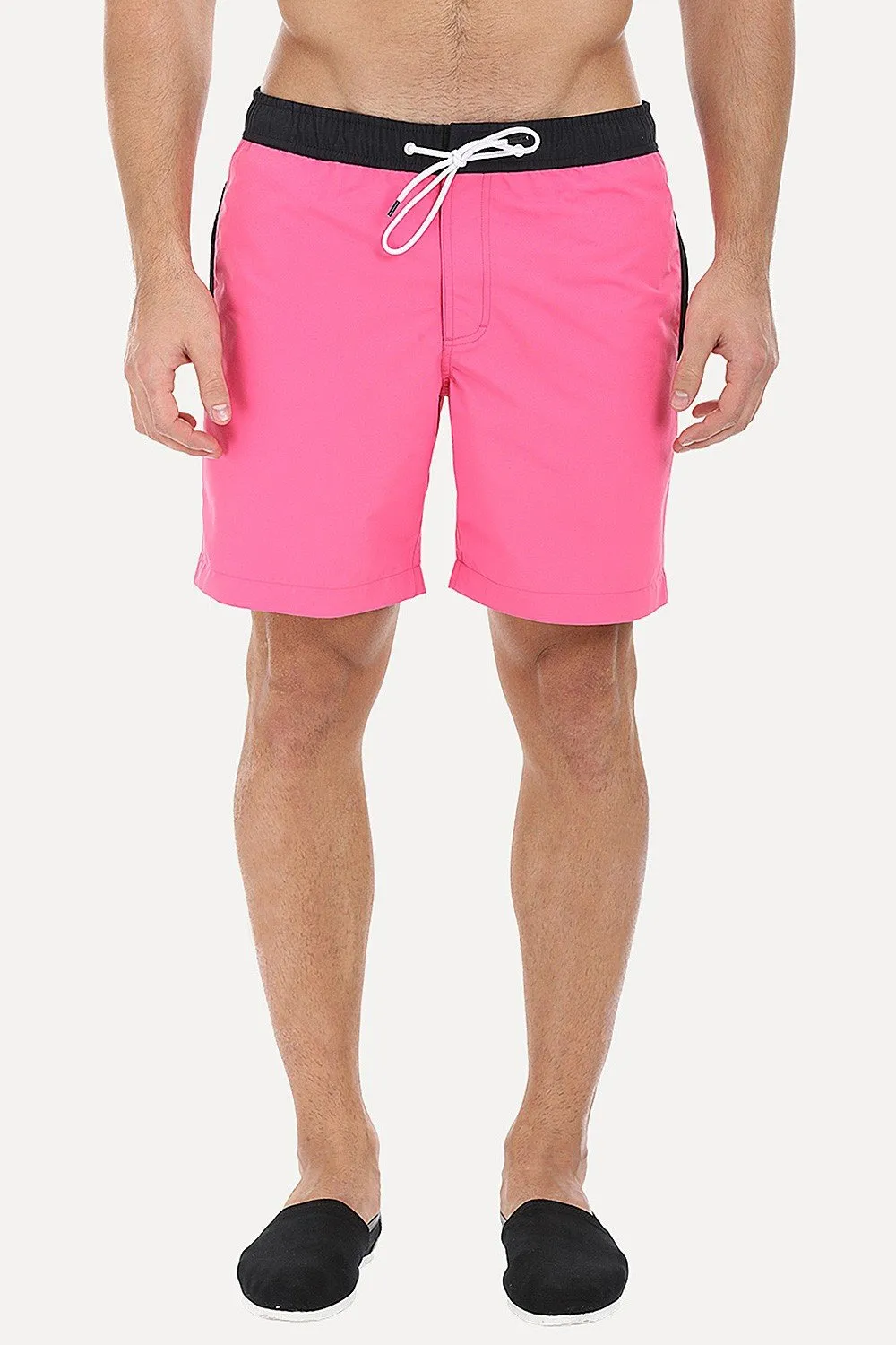 Solid Black Swim Shorts With Bright Contrast Waistband