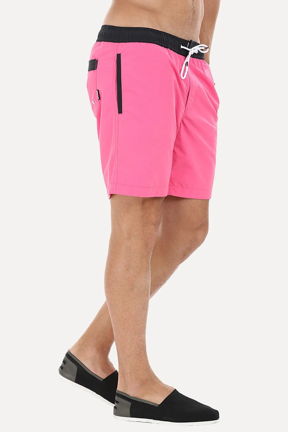 Solid Black Swim Shorts With Bright Contrast Waistband