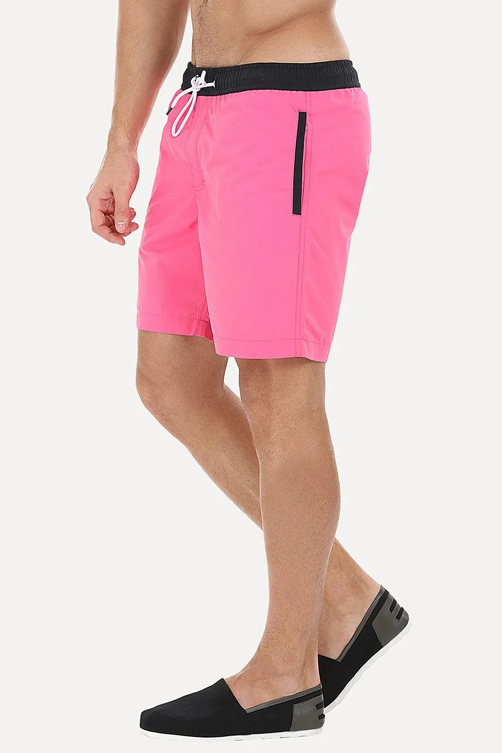 Solid Black Swim Shorts With Bright Contrast Waistband