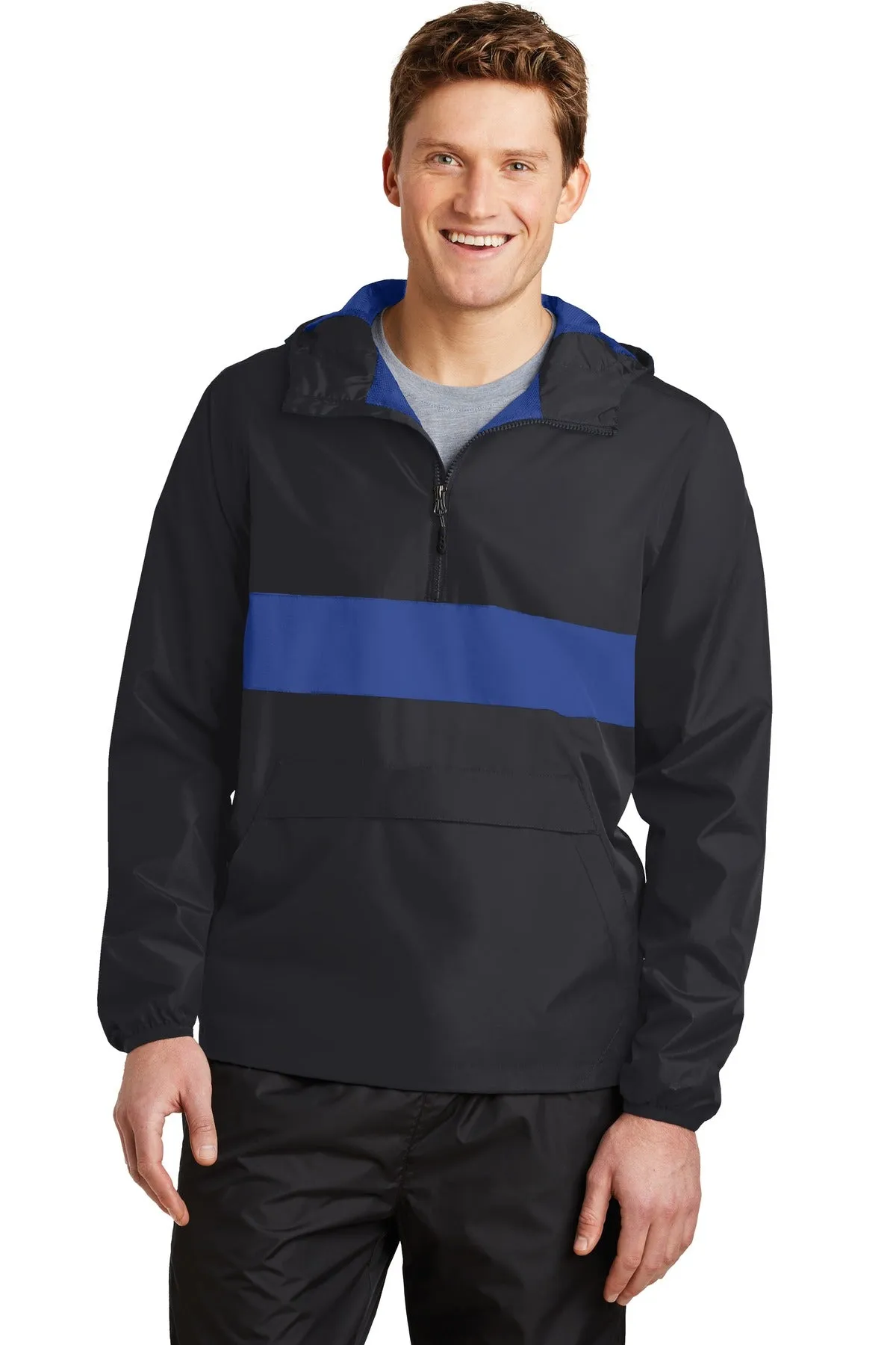 Sport-Tek Zipped Pocket Anorak. JST65 Black/ True Royal