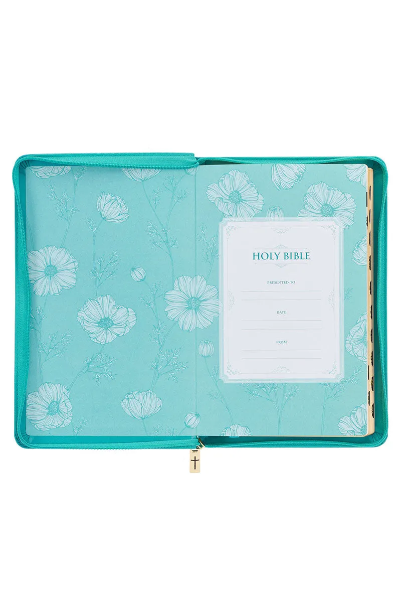 Teal Floral Faux Leather Zippered KJV Deluxe Gift Bible with Thumb Index