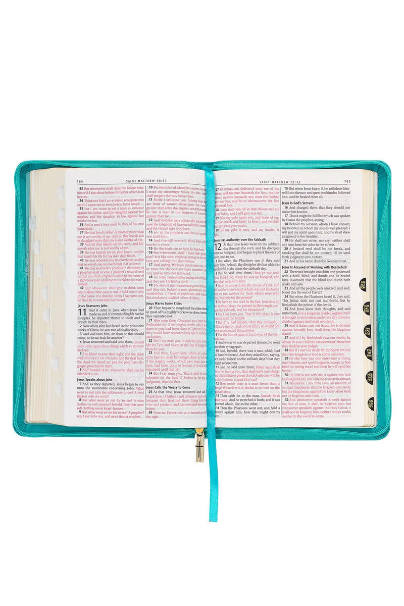 Teal Floral Faux Leather Zippered KJV Deluxe Gift Bible with Thumb Index