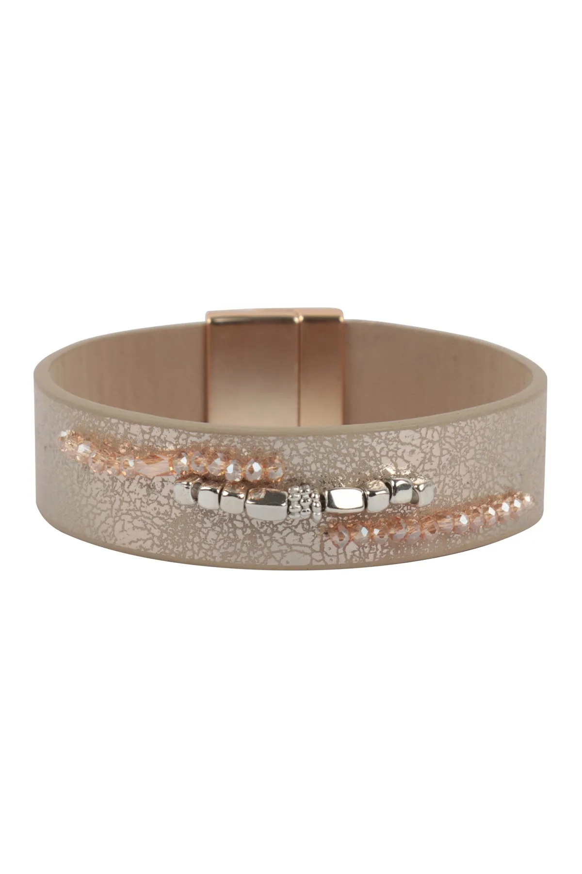 TEXTURED LEATHER WRAP WITH METAL BEADS MAGNETIC LOCK BRACELET