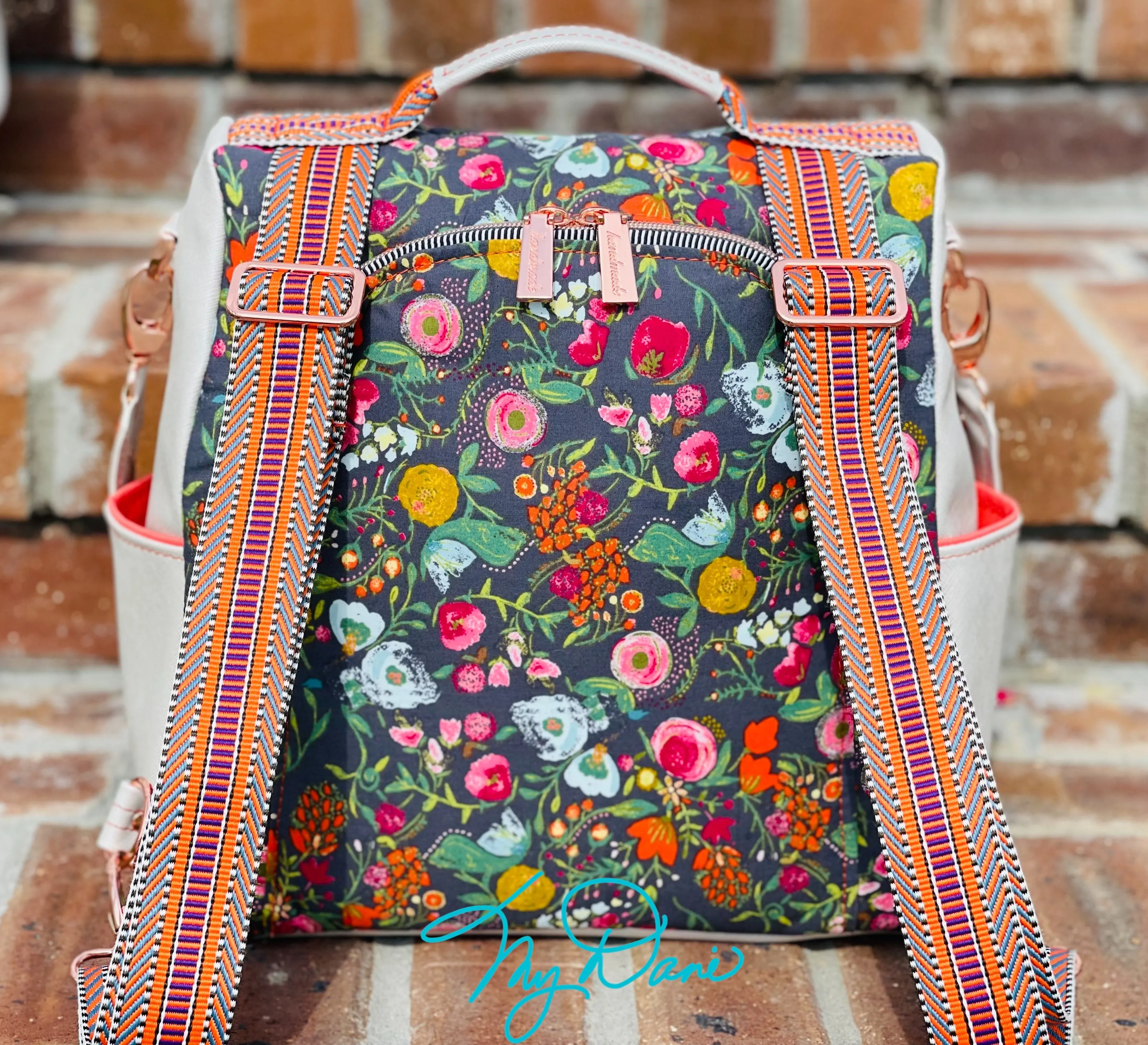 The Guardian Anti-Theft Backpack in Grey Floral w/off white marine vinyl