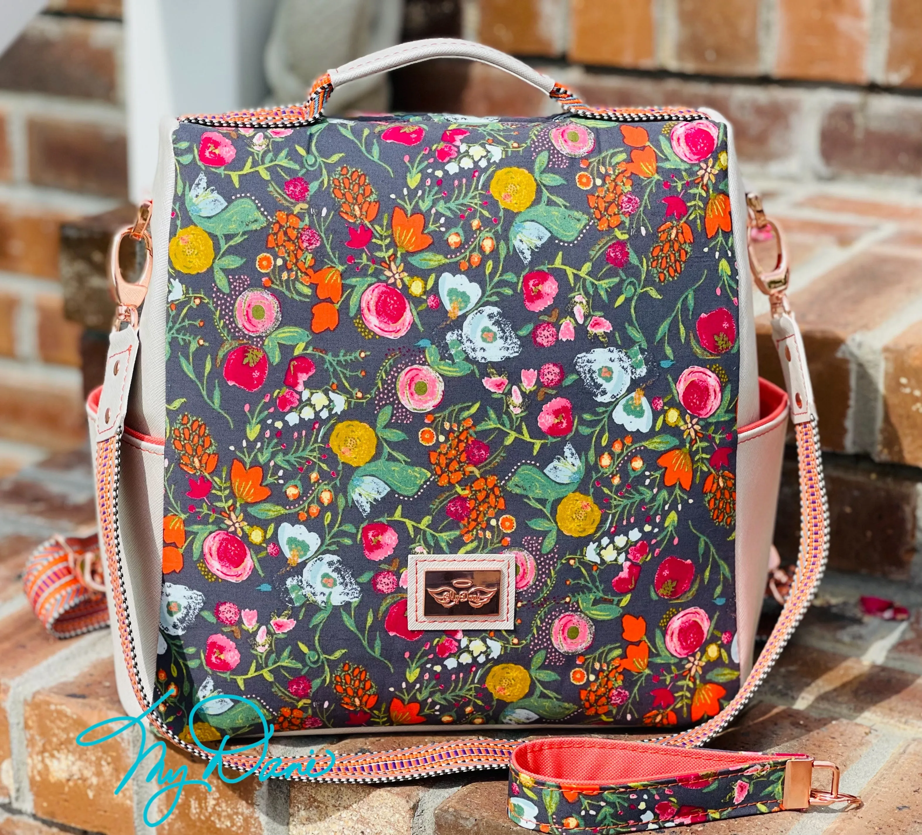 The Guardian Anti-Theft Backpack in Grey Floral w/off white marine vinyl