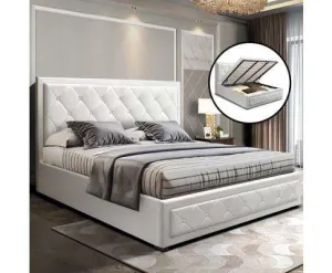 TIYO Gas Lift Bed Frame Base With Storage Mattress PU Leather - White