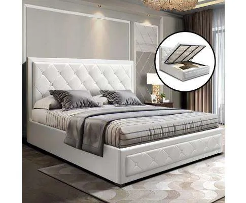 TIYO Gas Lift Bed Frame Base With Storage Mattress PU Leather - White