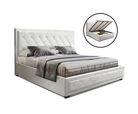 TIYO Gas Lift Bed Frame Base With Storage Mattress PU Leather - White